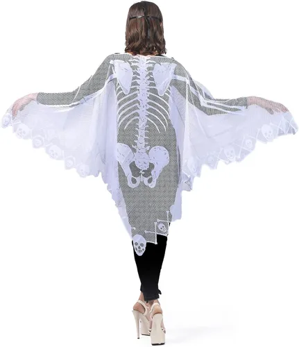Vista 3 de Kinhowly Disfraz de esqueleto de Halloween para mujer, capa de esqueleto, poncho y máscara de mascarada para Halloween