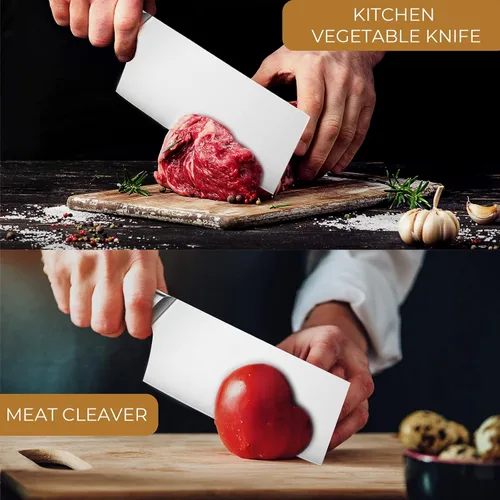 Vista 4 de OAKSWARE Cuchillo de carnicero chino de 7 pulgadas, cuchillo de cortar chino, acero alemán y mango ergonómico de ABS, cuchillo afilado para cortar