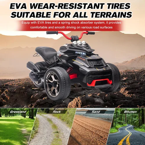 Vista 5 de Motocicleta eléctrica para niños de 12 V, rueda eléctrica de 3 ruedas, con luces LED, neumáticos EVA, velocidad alta y baja, bocina, música, negro