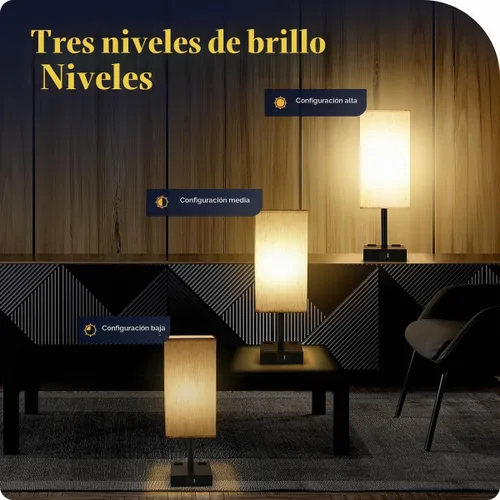 Vista 4 de Lámpara de mesa para dormitorio, lámpara táctil pequeña con puertos de carga USB C+A y salidas de CA, lámpara de mesita de noche regulable de 3 vías