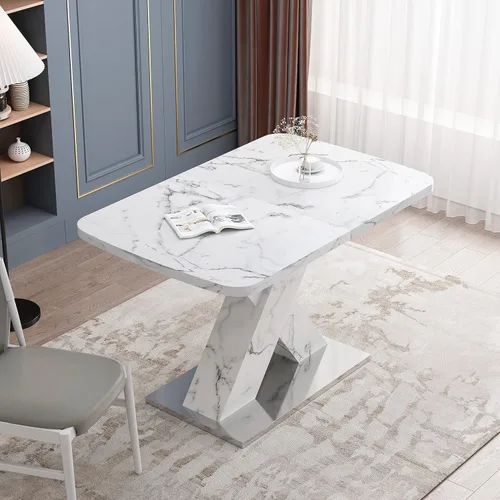 Vista 8 de Mesa de comedor de mármol blanco para 6, moderna mesa de comedor extensible con base en forma de X, mesa de comedor rectangular de mármol sintético