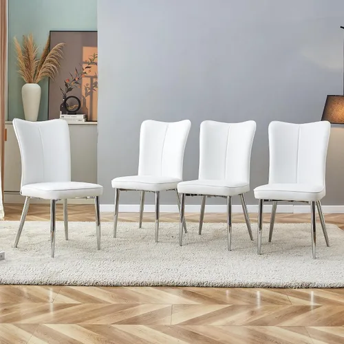Vista 9 de Juego de 4 sillas de comedor de piel sintética, modernas sillas de comedor con tapizado de cuero y patas metálicas, juego de 4 sillas de comedor Bk-b