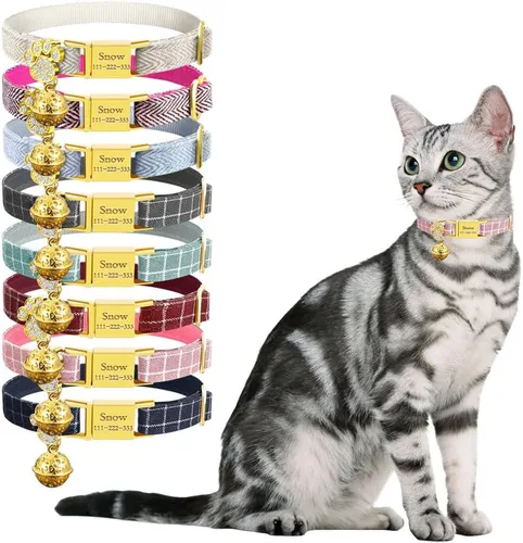 Vista 14 de Collar de gato personalizado con placa de nombre, collares ajustables de nailon resistente para identificación de gato con campana, personaliza