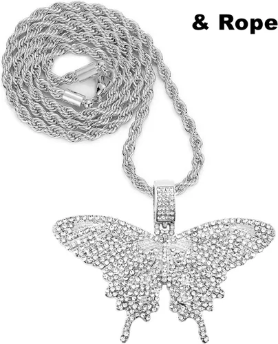 Vista 4 de HH BLING EMPIRE Collar de mariposa de diamantes de plata y oro para hombres y mujeres, colgante de mariposa grande de hip hop con cuerdateniscadenas
