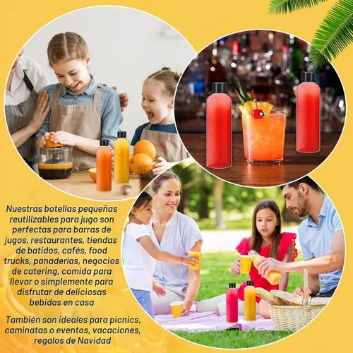 Vista 5 de Dandat 100 piezas Botellas de plástico para jugo con tapas, botellas de shot transparentes a granel, envases de bebidas reutilizables transparentes