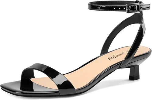 Vista 12 de Sandalias de tacón de gatito para mujer, con correa al tobillo, sandalias de tacón cuadrado con punta abierta, zapatos de fiesta de boda