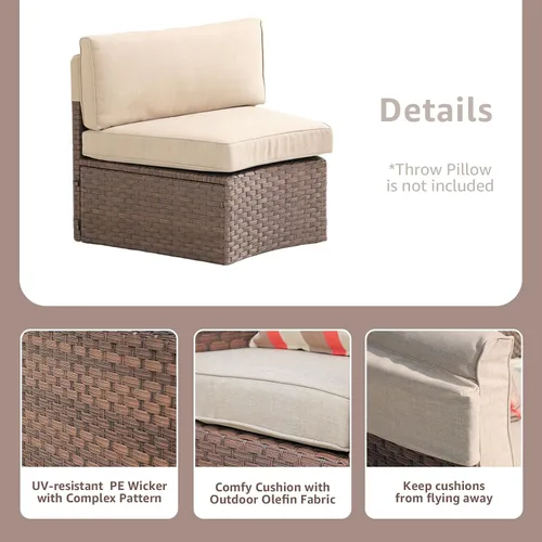 Vista 4 de SUNSITT Juego de 2 muebles de patio de media luna para exteriores, sofá de mimbre curvado, con cojines beige Marrón