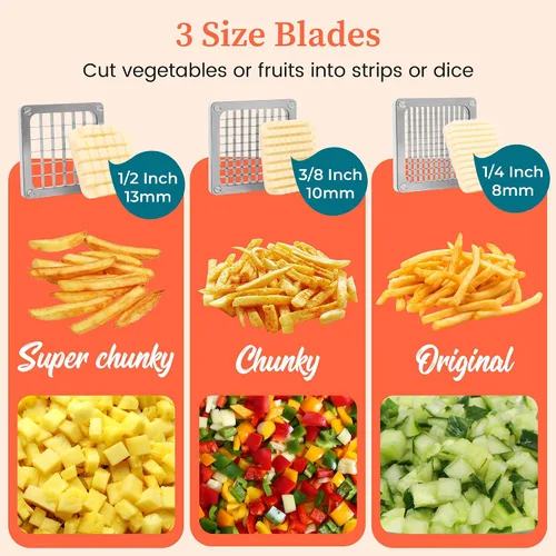 Vista 3 de Cortador de papas francesas BIEAMA, cortador de papas con cuchillas de acero inoxidable de 1/4", 3/8", 1/2", cortador de papas fritas para papas