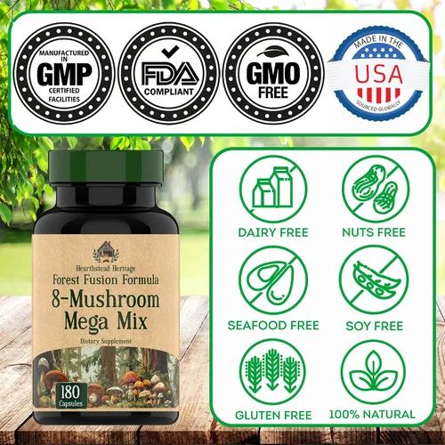 Vista 5 de Complejo de hongos 8 – 180 cápsulas – Melena de león, Reishi, Chaga, Cordyceps y cola de pavo – Suplemento natural de apoyo inmunológico, enfoque