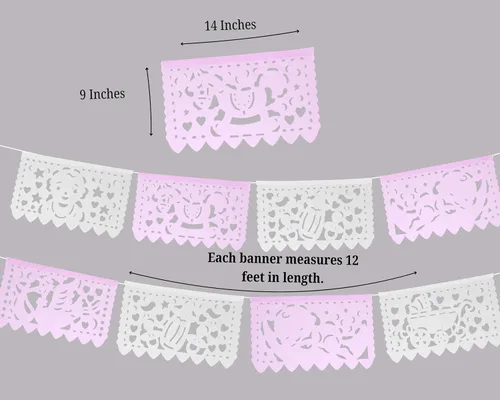 Vista 2 de Pancartas de fiesta de baby shower de niña rosa/blanca – Decoraciones de baby shower rosa Fiesta Papel Picado, guirnaldas de papel con serpentinas