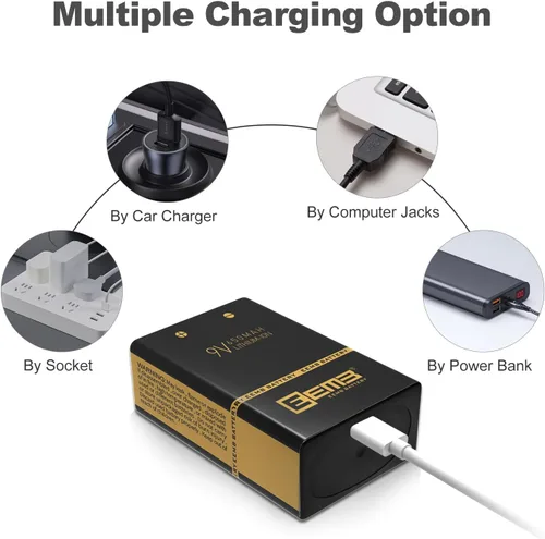 Vista 2 de EEMB Paquete de 4 baterías recargables de 9 V de iones de litio con cable de carga USB, batería de iones de litio 6F22 para alarma de humo, teclado