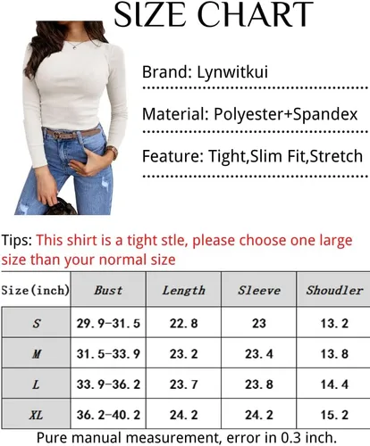 Vista 4 de Lynwitkui Blusa de manga larga para mujer, elástica, entallada, acanalada, con corte liso, básica