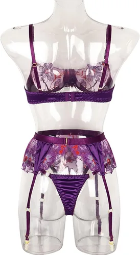 Vista 5 de Conjunto de lencería para mujer, con bordado floral, sexy, 3 piezas, babydoll con liguero