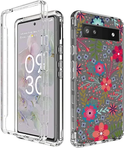 Vista 6 de Funda para Google Pixel 6A, funda GX7AS con protector de pantalla de vidrio templado, cuerpo completo transparente floral TPU delgado funda