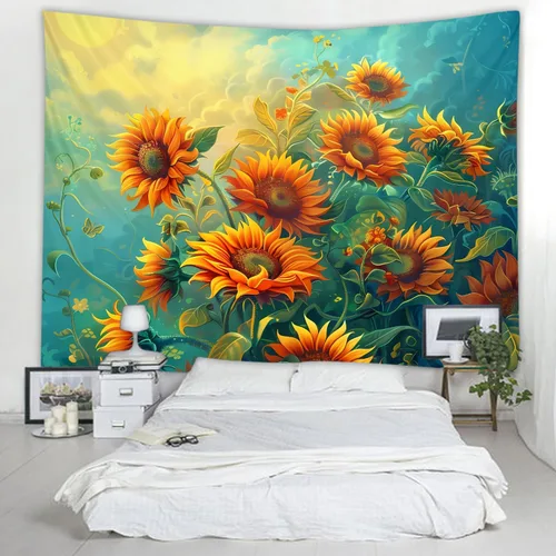 Vista 13 de WODEJIAFANG Tapiz estético de tela para pared, tapiz decorativo de girasol, fondo de oficina, divisor de habitación para dormitorio, jardín al aire