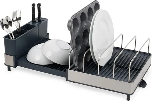 Vista 18 de Joseph Joseph Escurridor extensible de platos con dos piezas, acero inoxidable, antiarañazos, escurridor de utensilios móvil y boquilla de drenaje