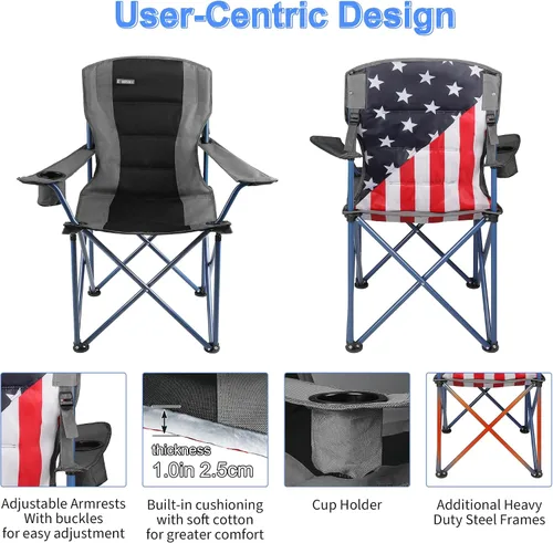 Vista 5 de Paquete de 2 sillas de camping con paraguas ajustable, silla de césped plegable con respaldo de bandera estadounidense, silla de camping acolchada