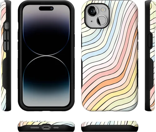 Vista 9 de Casely Funda para iPhone 14 Ride The Wave Líneas de arcoíris pastel Compatible con MagSafe Diseño protector audaz