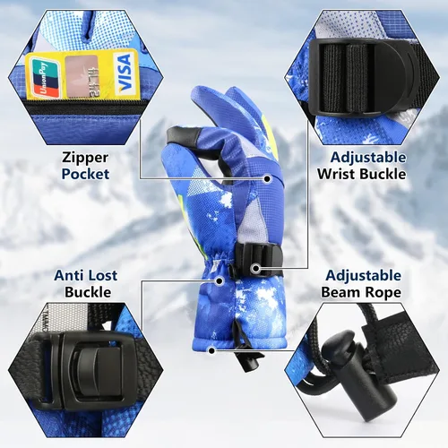 Vista 4 de Guantes de esquí, guantes de nieve, 3M Thinsulate guantes de invierno impermeables para clima frío para padres y niñas, ciclismo, conducción, correr