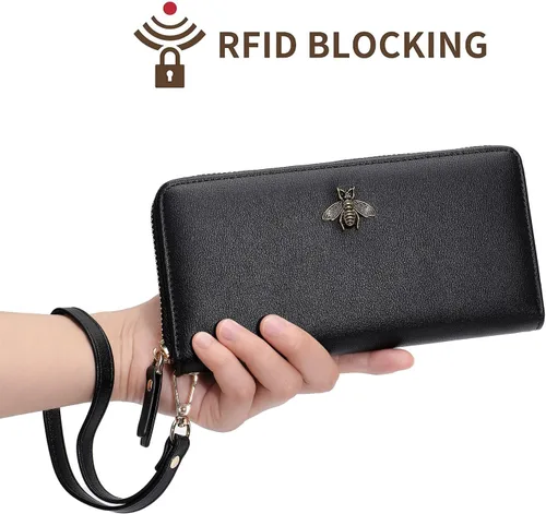 Vista 3 de Billetera para mujer con bloqueo RFID para mujer, carteras largas con correa de muñeca para mujer