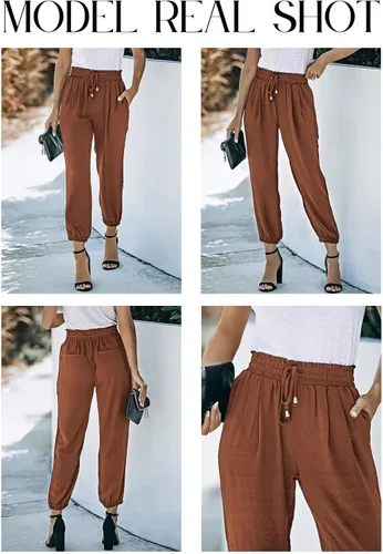 Vista 5 de Welinone Pantalones casuales de cintura elástica con cordón y bolsillos para mujer