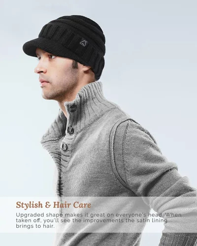 Vista 6 de Hat Hut Gorros de invierno para mujeres y hombres, con forro de satén, gorro de invierno para mujer, gorro con visera de ala