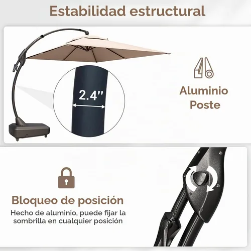 Vista 8 de Grand Patio 9x12 pies Sombrilla voladiza con base y funda para exterior, sombrilla rectangular de aluminio para terraza y jardín (Champán, 9x12 pies)