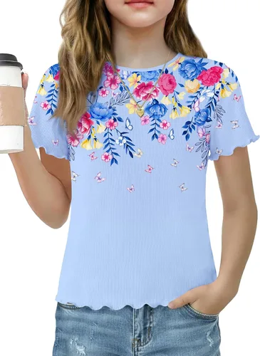 Vista 11 de Arshiner Camisas de manga corta con ribete de lechuga para niñas, camisetas de verano acanaladas con cuello redondo Blanco