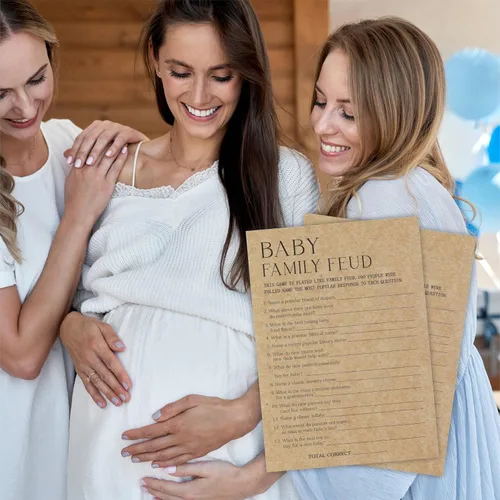 Vista 4 de Tarjeta de juego para baby shower, juego de 30 tarjetas de papel kraft con doble impresión, pelea familiar con 1 tarjeta de respuesta para bebé