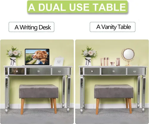 Vista 6 de Mesa de consola espejada, mesa de tocador de maquillaje con espejo de vidrio plateado para mujer, escritorio de escritura para el hogar, sala