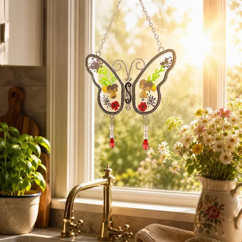 Vista 4 de Atrapasoles de mariposa con alas de flores prensadas – Regalo para familiares y amigos – Altura colgante 8 pulgadas – Viene con cadena adjunta