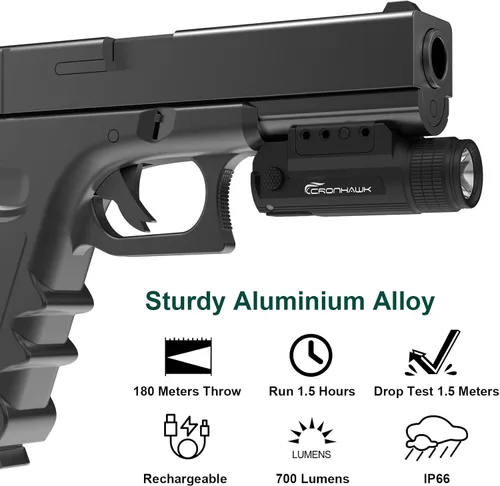 Vista 2 de CRONHAWK linterna de pistola recargable de 700 lúmenes, linterna táctica compacta de montaje en riel, luz de arma para arma, se ajusta a Picatinny