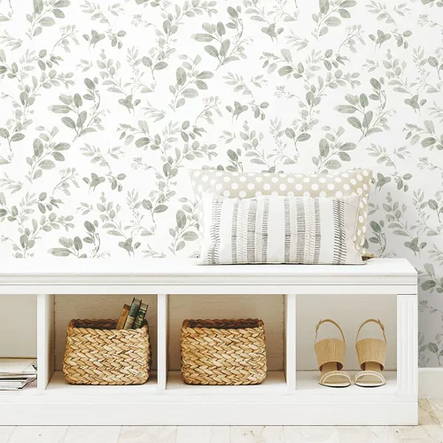 Vista 9 de RoomMates Dancing Leaves - Papel tapiz para despegar y pegar Verde/Blanco