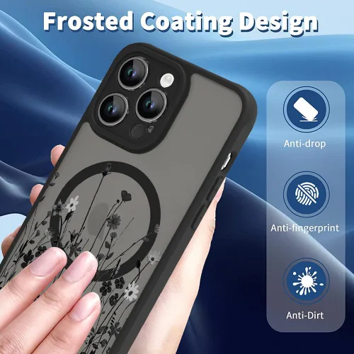 Vista 2 de OOK Funda magnética para iPhone 13 Pro Max [compatible con MagSafe] Funda delgada translúcida mate con flor silvestre negra, protección para lente