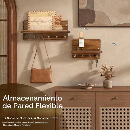 Vista 4 de Rebee Vision Soporte de pared de madera de acacia para decoración del hogar, mini llavero de 7 pulgadas para pared con 4 ganchos resistentes