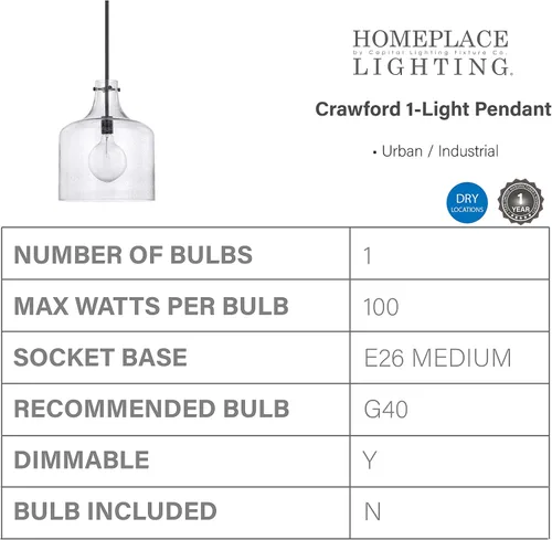 Vista 3 de HomePlace Lighting 325712MB Crawford - Lámpara colgante con tarro de vidrio transparente industrial/urbano, 1 luz de 100 vatios, 15 pulgadas de alto