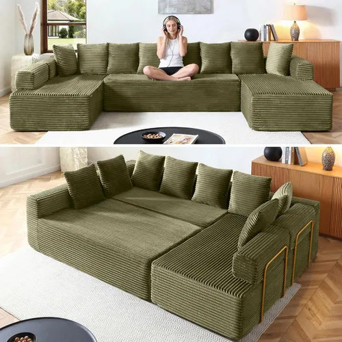 Vista 47 de Sofá grande sin hueso de 125 pulgadas con diván, moderno sofá modular con asiento profundo, sofá tapizado de pana en forma de U para sala de estar
