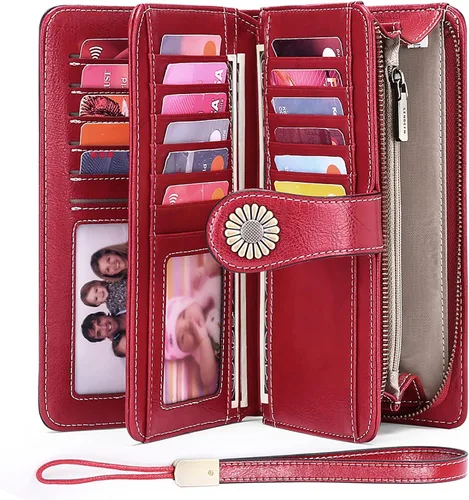 Vista 2 de SENDEFN - Billeteras de cuero genuino para mujer con tarjetero y bloqueo RFID, de gran capacidad y con correa para la muñeca