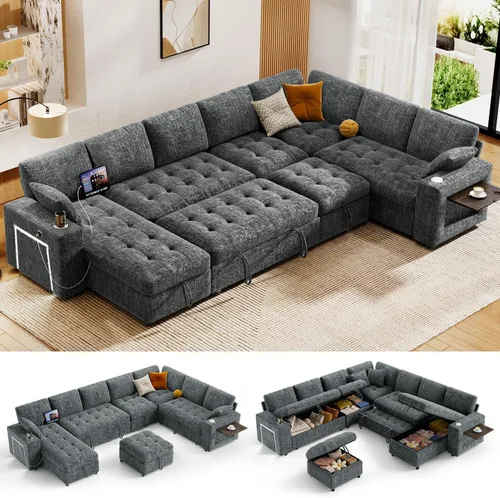Vista 12 de Vipbear Sofá cama modular de 111 pulgadas con cama extraíble, sofá en forma de L de felpilla de 7 asientos con diván de almacenamiento, puertos USB