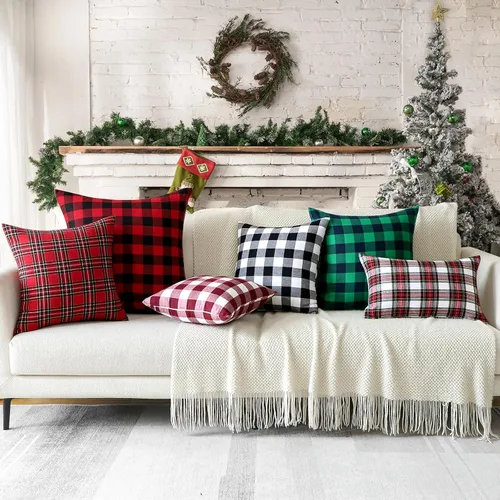 Vista 4 de OTOSTAR Paquete de 2 fundas de almohada decorativas de cuadros búfalo navideños de 12x20 pulgadas, lino clásico estilo granja, fundas de cojín