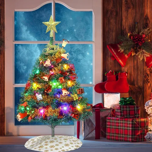 Vista 5 de Mini Christmas Tree, 24"/60cm Tabletop Artificial Christmas Tree with Ornaments & LED String Lights, Small Desktop Xmas Tree with Tree Skirt for