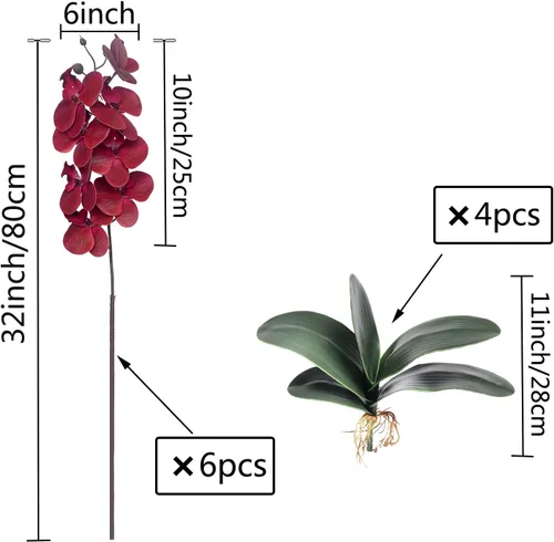 Vista 2 de FagusHome Phalaenopsis - 6 piezas de flores artificiales de orquídea con 4 paquetes de hojas, plantas con tallo para decoración del hogar (rojo)