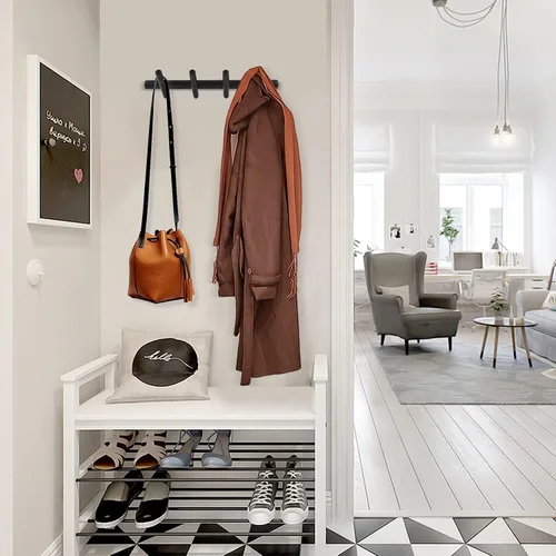 Vista 4 de KYSMOTIC Perchero de Pared Moderno de Madera - Montado en la Pared - Negro con 4 Ganchos de Madera - Para Colgar Ropa, Batas, Toallas, Sombreros