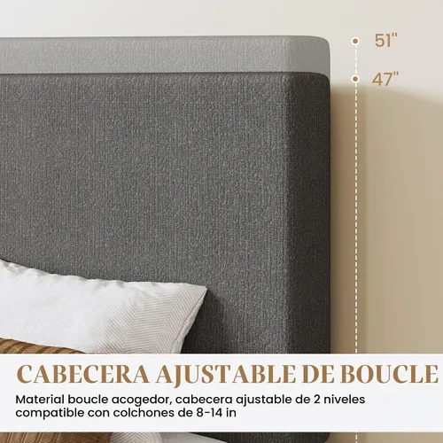Vista 4 de SHA CERLIN - Base de cama con plataforma de tamaño completo con cabecera ajustable y soporte de listones de madera, base de colchón tapizada