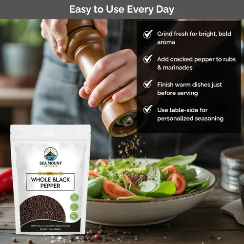 Vista 4 de Sea Mount Naturals Tellicherry - Granos de pimienta negra, 12 onzas (11.99 oz) Pimienta negra entera natural para molinillos Kosher, sin OMG
