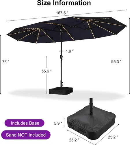 Vista 130 de PURPLE LEAF - Sombrilla de mercado de patio de 13 pies con base rectangular doble cara, sombrilla de mesa para exteriores con manivela, 12 varillas