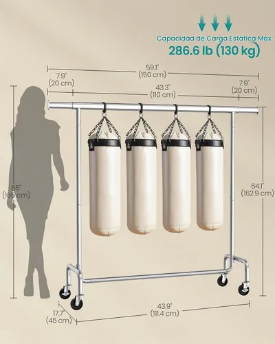 Vista 6 de SONGMICS Perchero con ruedas, perchero resistente con barra extensible para colgar, capacidad de carga de 286.6 libras, 17.7 x (43.3-59.1) x 64.1