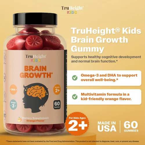 Vista 2 de TruHeight Gomitas de crecimiento cerebral para niños (naranja, a partir de 2 años) vitaminas naturales para niños y adolescentes - Gomitas de Omega