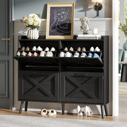Vista 23 de Maupvit Gabinete de almacenamiento para zapatos con 2 cajones abatibles, organizador independiente con patas de metal para entrada, gabinete Beige
