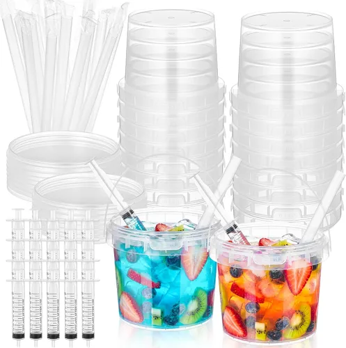 Vista 12 de Willinglong Juego de 20 cubos de plástico transparente de 16 onzas para bebidas con pajitas, tapas y jeringas para bebidas, tazas de café helado